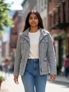 Garage Women's Light Gray Utility Jacket with Front Flap Pockets